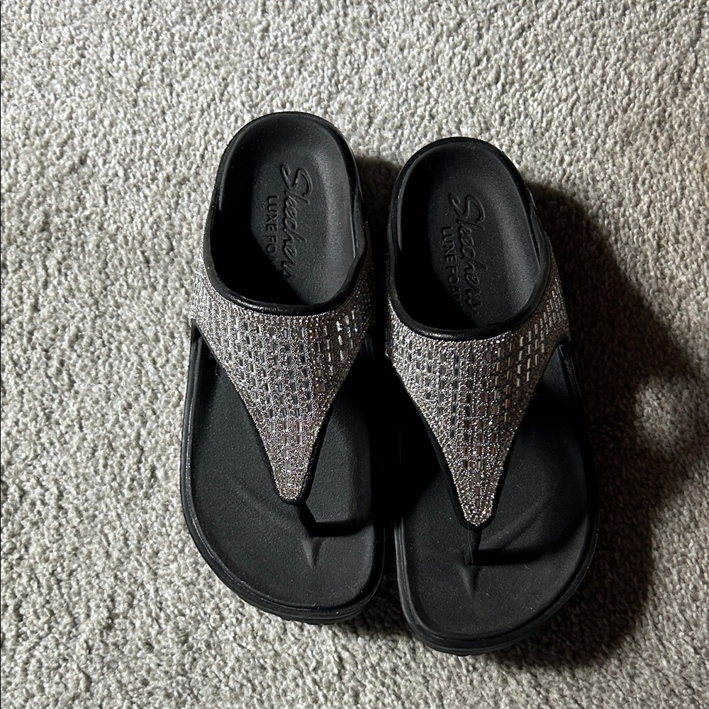 Skechers Black Flip Sandals with Silver Rhinestone Straps